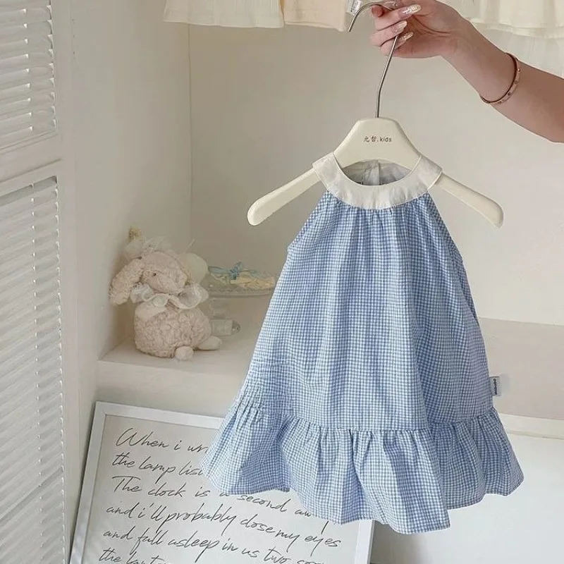 2026 Girls Summer Childrens Clothing New Baby Childrens Simple Dress Checkered Skirt Lotus Leaf Western Style Skirt