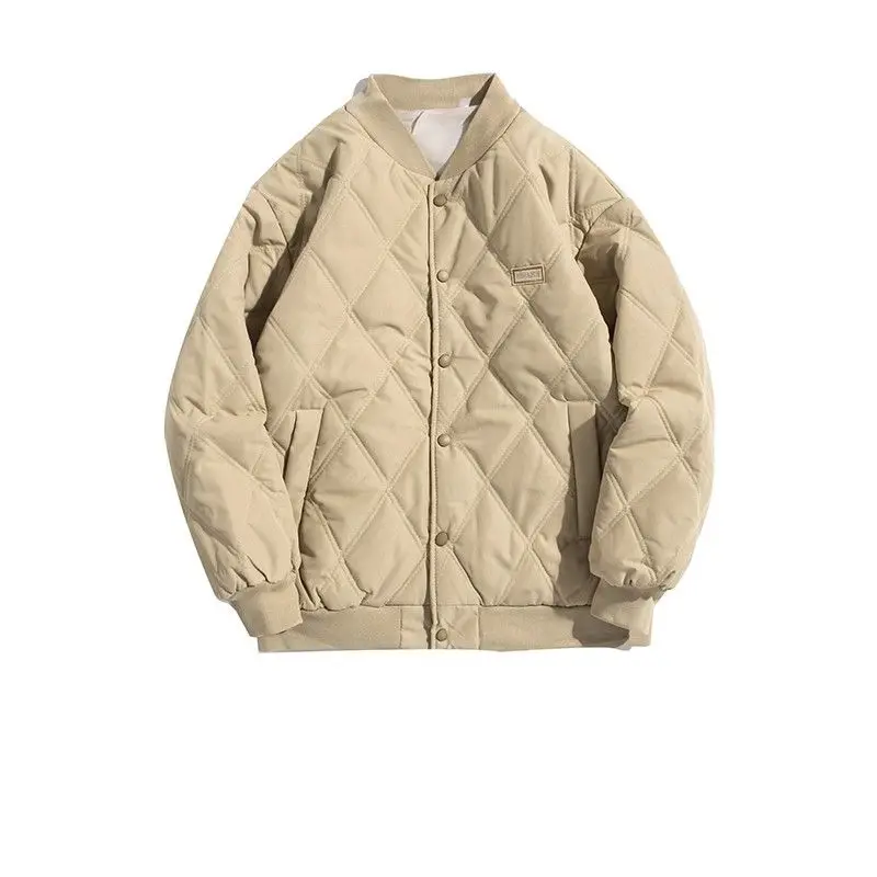 

American Sle Winter Thiened Diamond Pattern Cotton Jaet Men's Retro Baseball Coat Couple's Stand Fit Polyester Fiber