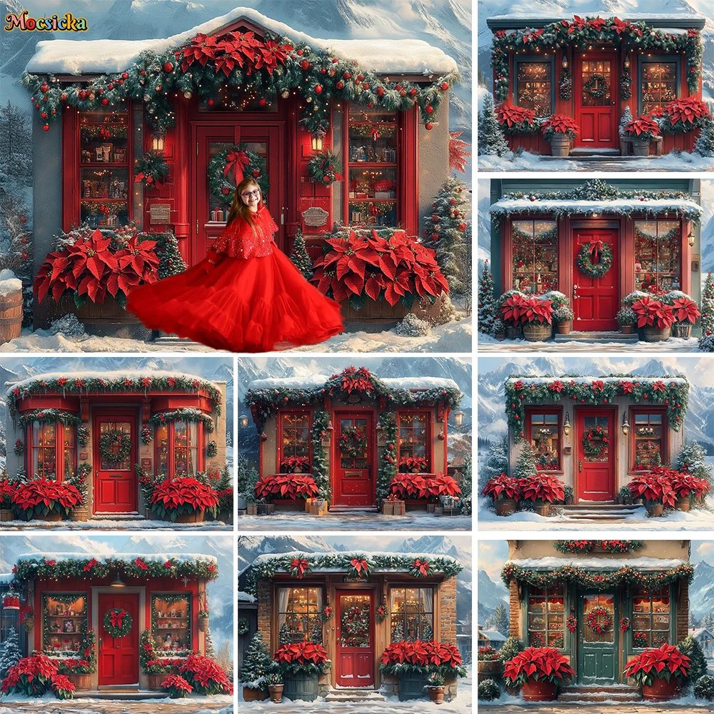 

Christmas Flower Shop Photography Background Red Blooming Floral Snowy Mountain Xmas Wreath Backdrop Girl Birthday Winter Photo