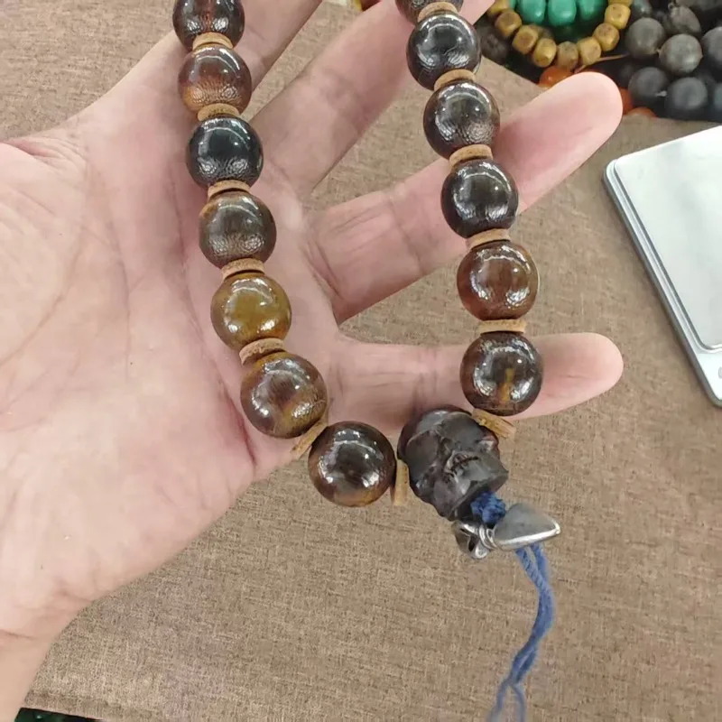Boho Ethnic Polished Brown Round‑Bead Wrist Jewelry Unisex Vintage Green Accent Bead Decor Adjustable Hand‑crafted Bracelet