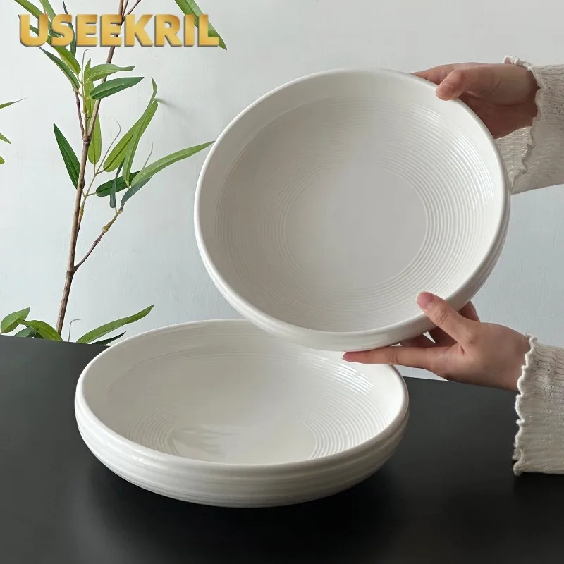 

White Ceramic Plate Exquisite Ceramic Dinner Plates Creative Line Ceramic Plate Western-style Deep Dinner Plates Large Soup Bowl