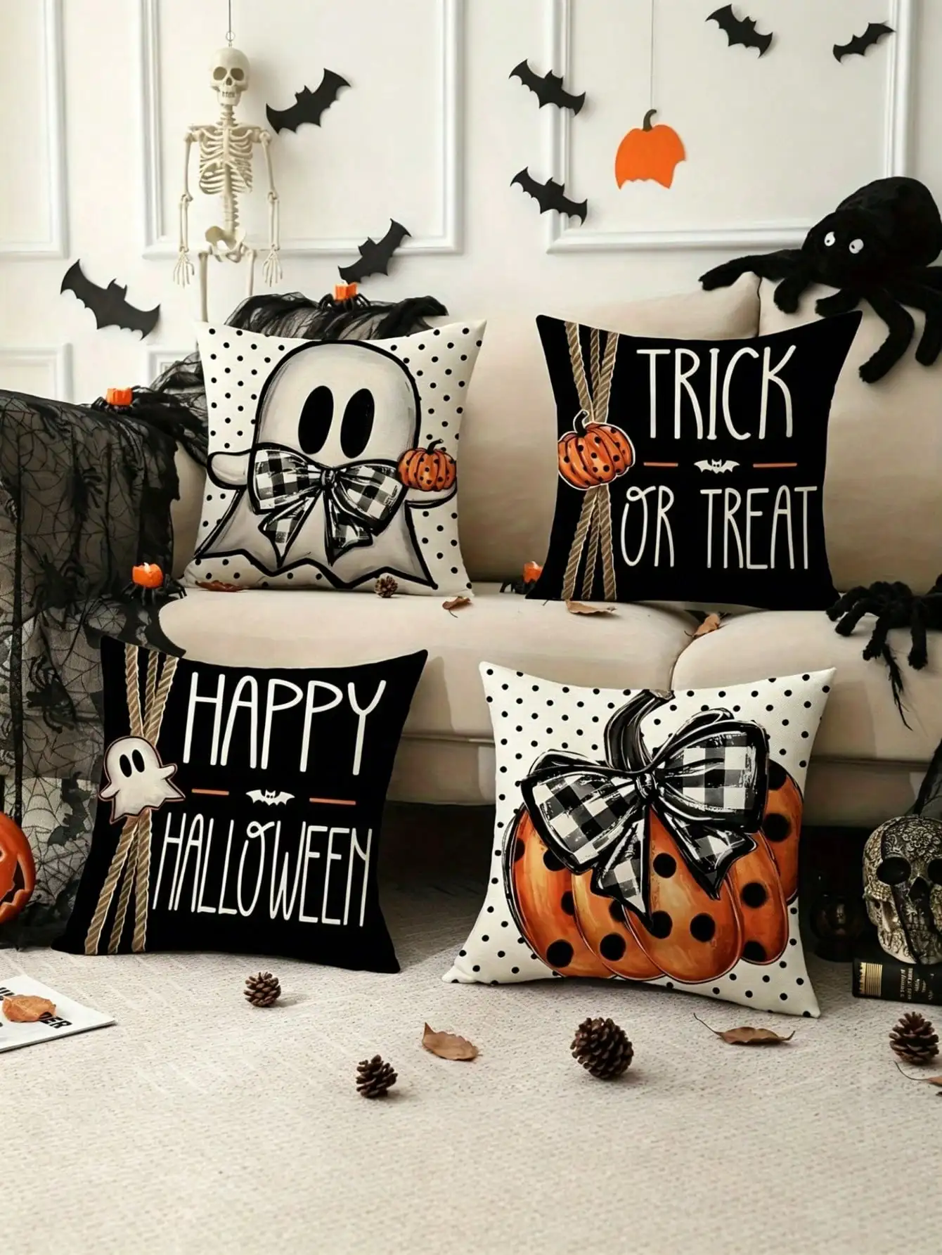 Single-Sided 4pcs Halloween Throw Pillow Covers, Polyester With Zipper, Machine Washable, Suitable For Living Room, Pumpkin And Skull Pattern Decorative Cushions 18x18 Inches,Room Decor,Halloween Decor,Christmas Decrotions,Fall Decor
