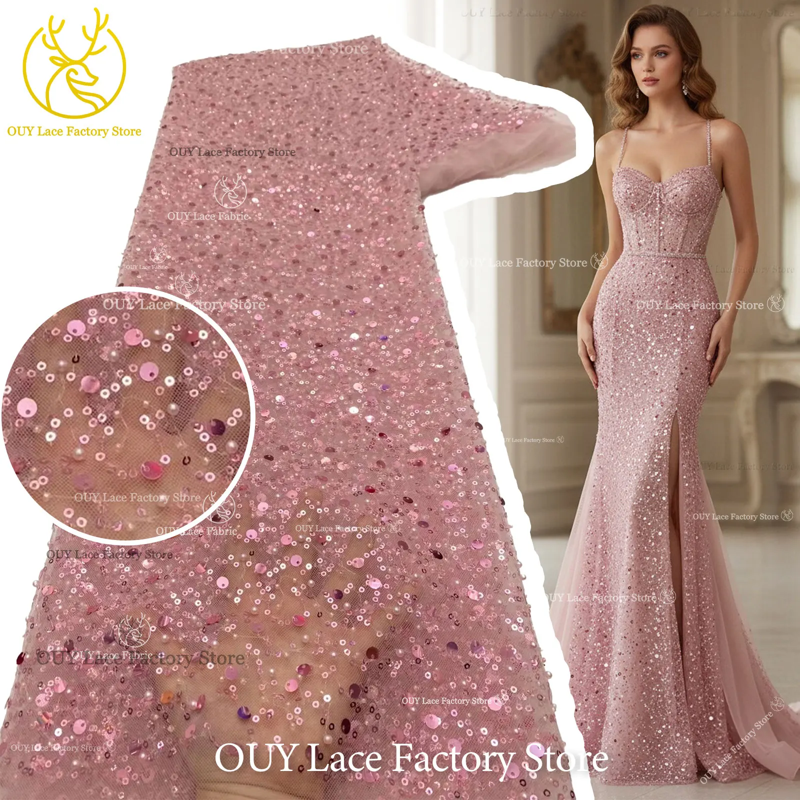 

Pink African Tulle Sequins Lace Fabric 5 Yards High Quality Nigerian Beaded Mesh Lace For Bridal Wedding Party Dress Sewing
