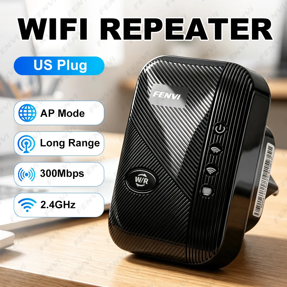 300Mbps WiFi Repeater 2.4GHz Wireless Range Extender with AP Mode US Plug Long Range Signal Booster for Home Router