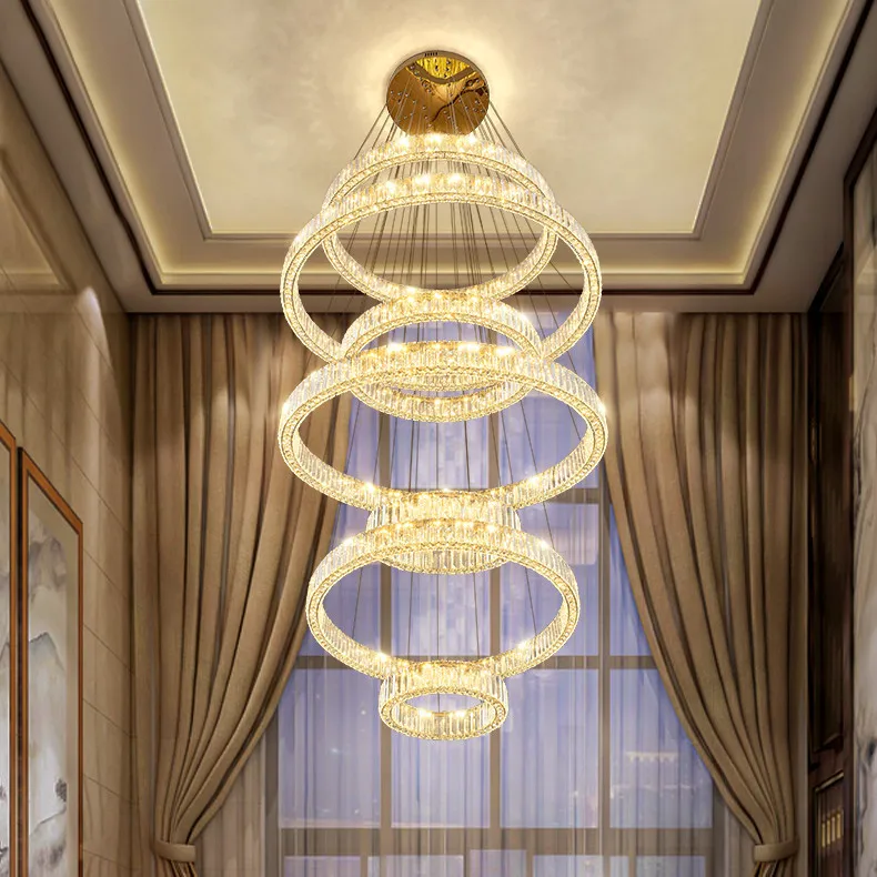 Luxury Villa 5 / 7 Circles Led Pendant Lights Hotel Hall Modern 3 Side K9 Crystals Hanging Lamp Lustre Chrome / Gold Steel Lamp