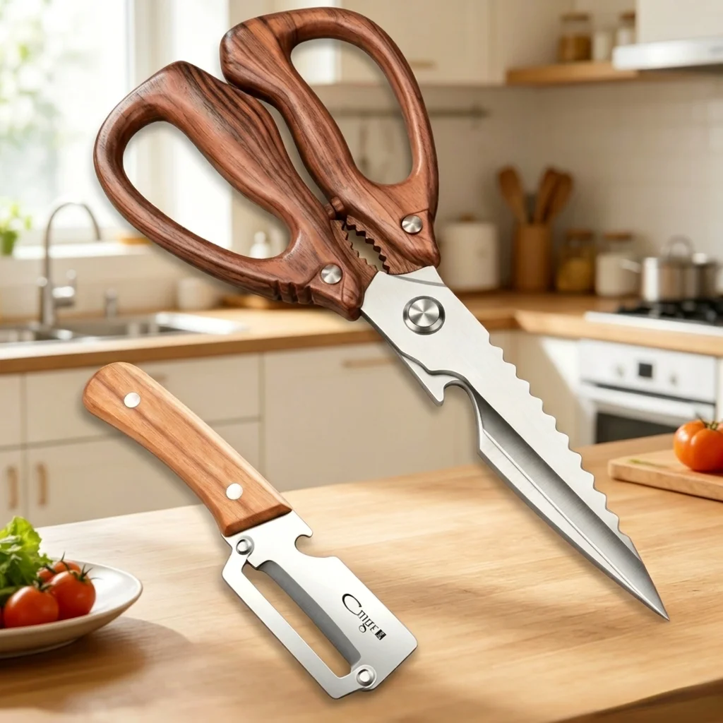 Kitchen Tool Set, Stainless Steel Multifunctional, for Meat Fruit Veggie Prep, Wood Handle Household Scissors Peeler Kit
