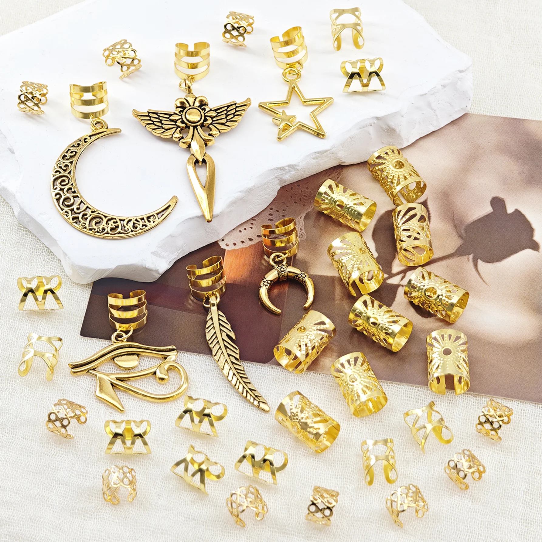 36PCS Hair Jewelry for Braids Loc Jewelry Moon&Star Feather Fly Braid Clips Multi Style Loc Dreadlock Beads Hair Ring for Women