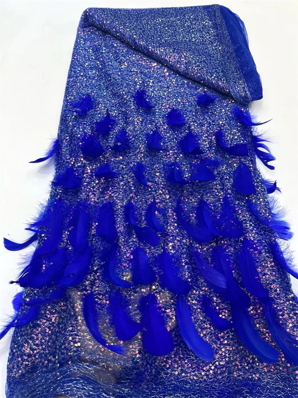 

Nigerian Lace Fabric 2025 High Quality Fashion Feather Lace Fabric For Wedding Dress African Royal Blue Lace Fabric 5Yar A1037-1