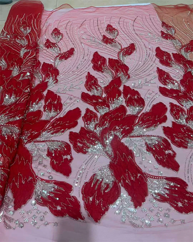 Luxury African Sequins Beaded Lace Fabric  High Quality Groom Nigerian Wedding Bridal Embroidery French Tulle Material