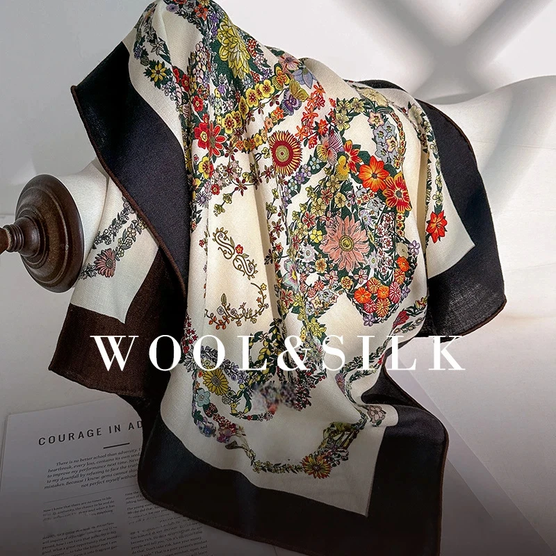 

30% Silk 70% Wool Coffee Print Neck Scarves Bufanda Mujer Winter Accessories Women Elegant Wool Silk Neck Warmer