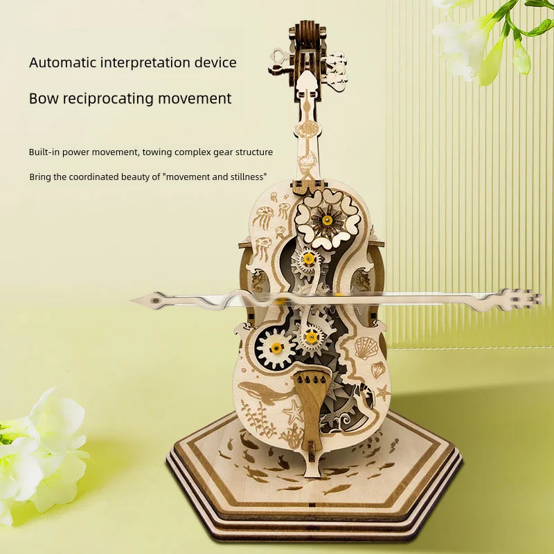 Wooden Cello Music Box Handmade DIY Assembly Model Creative Octopus Box 3D Puzzle Decoration Festival Gift