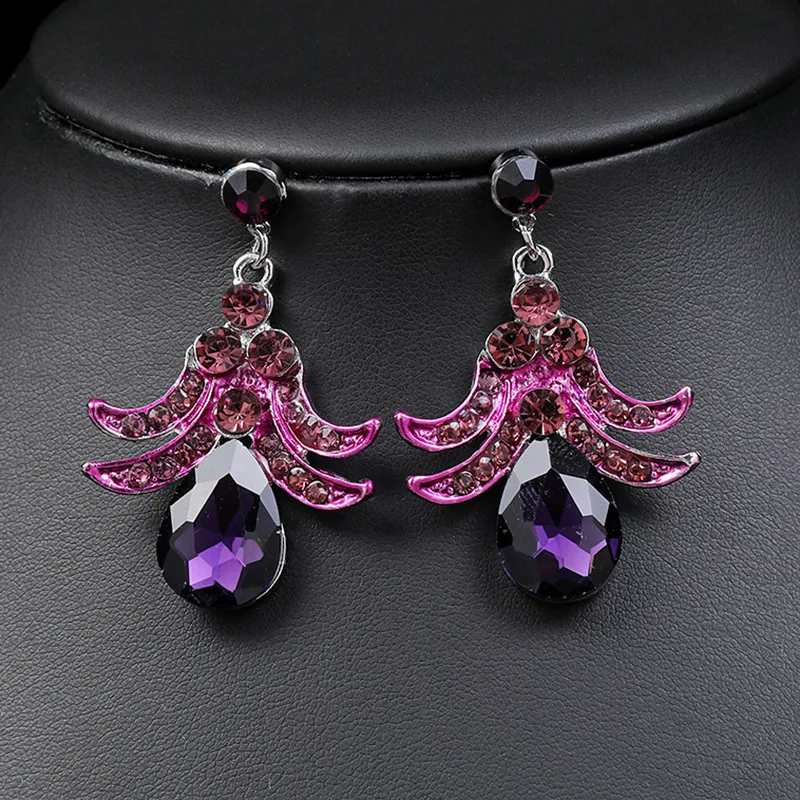 Luxury Exquisite Purple Crystal Flower Jewelry Sets For Women Wedding Party Accessories Rhinestone Stud Earrings & Necklace Gift