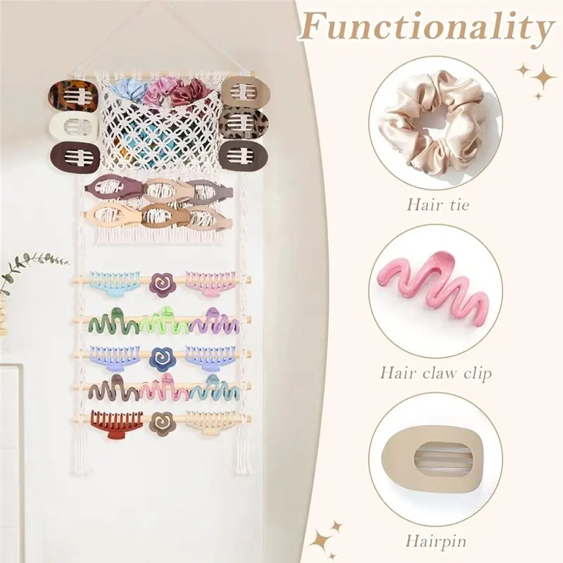 Macrame Hair Claw Clip Organizer,Large Capacity Mesh Bag Scrunchies Holder And Hair Ties Organizer For Women Girls