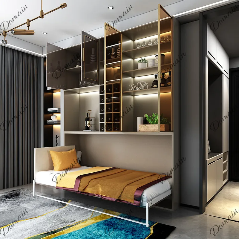Custom solid wood rollover wine cabinet Murphy bed invisible wall bed invisible multi-function space-saving folding flip