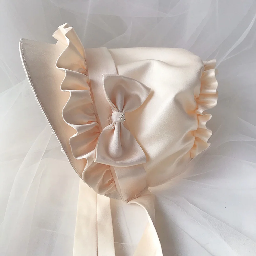 Victorian Bonnet Hat Vintage Maid Cosplay Pumpkin Cap Lace-up Adjustable Hat Women Girls Lolita Lace Ruffled Hat