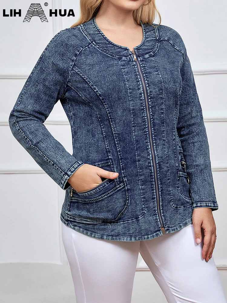 LIH HUA Women\'s Plus Size Denim Jacket Autumn Chic Elegant Jacket For Chubby Women Cotton Woven Jacket