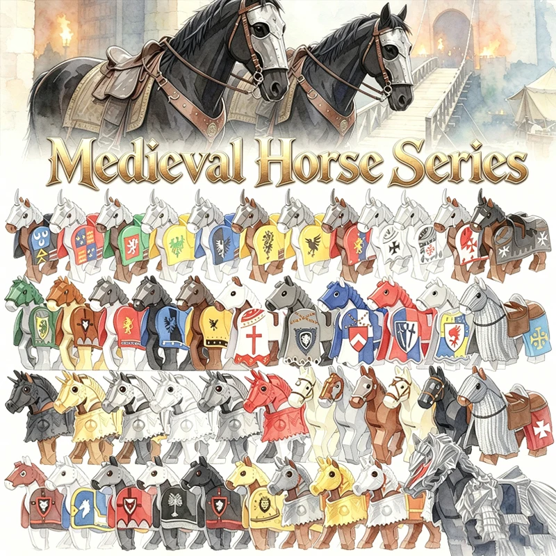 Medieval Military War Horse Building Blocks Castle Knight Soldier Figure Cavalry Transport Cattle Animal Accessories Bricks Toys