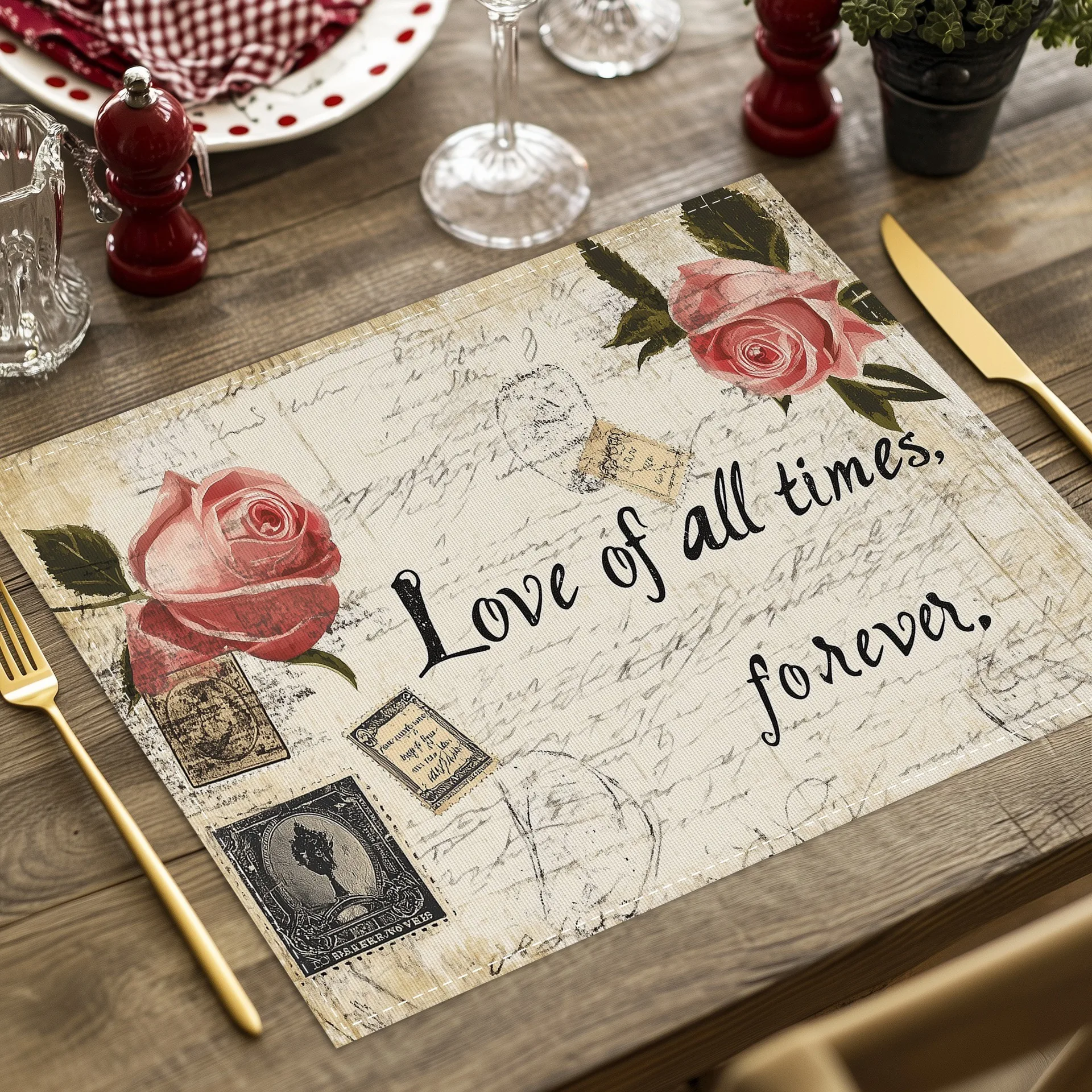 Vintage Floral Linen Placemat, Durable & Heat-Insulating, Home Kitchen & Dining Table Atmosphere Placemat