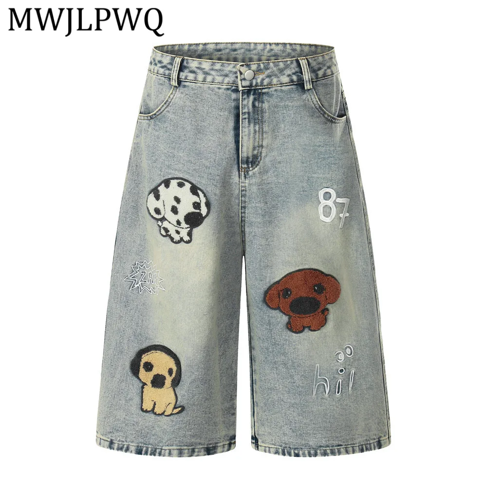 

Мужские джинсовые шорты MWJLPWQ с флокированной вышивкой, летние, свободные, повседневные, прямого кроя, в стиле панк-ретро, модные брюки 14594