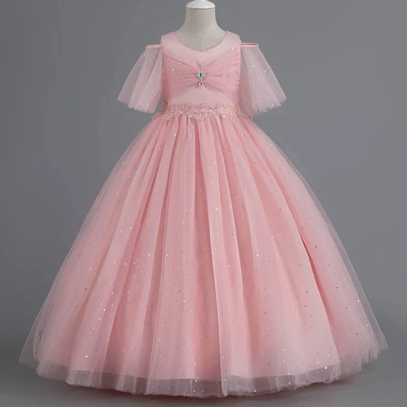 Brillant enfant en bas âge superbe petites grandes filles épaules dénudées paillettes princesse fleur fille fête d'anniversaire robe de concours longueur de plancher 551