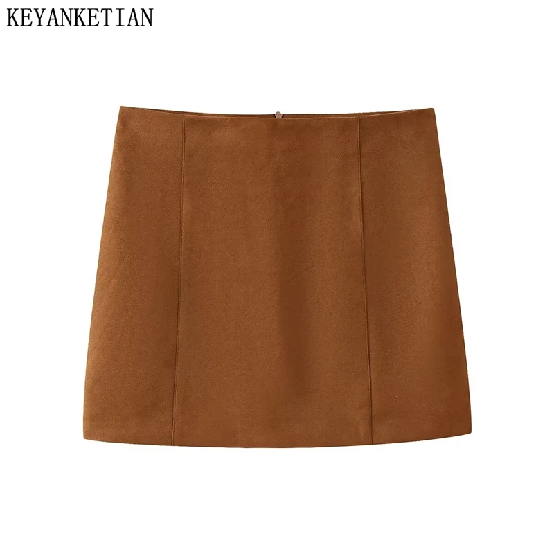 

KEYANKETIAN 2024 Autumn New Women's Suede Skirt Retro style Back Zipper High waist Slim Simply Straight Hip Wrap Mini Skirt