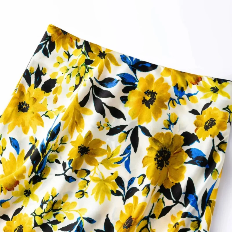 Birdtree, 100% Real Silk Print Skirt,Bias-cut, Women's Plain Satin Short Slim Skirts, Elastic Waist, 2026 Summer New D65103JF