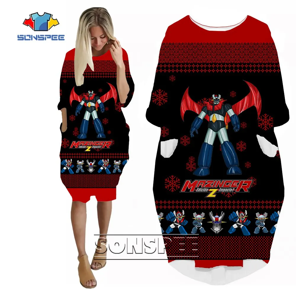 

SONSPEE 3D Printed Japanese Anime Mazinger Z Dress Long Sleeve Oversize Robot Pockets Skirt Female Fighting Cartoon Robe Dresses