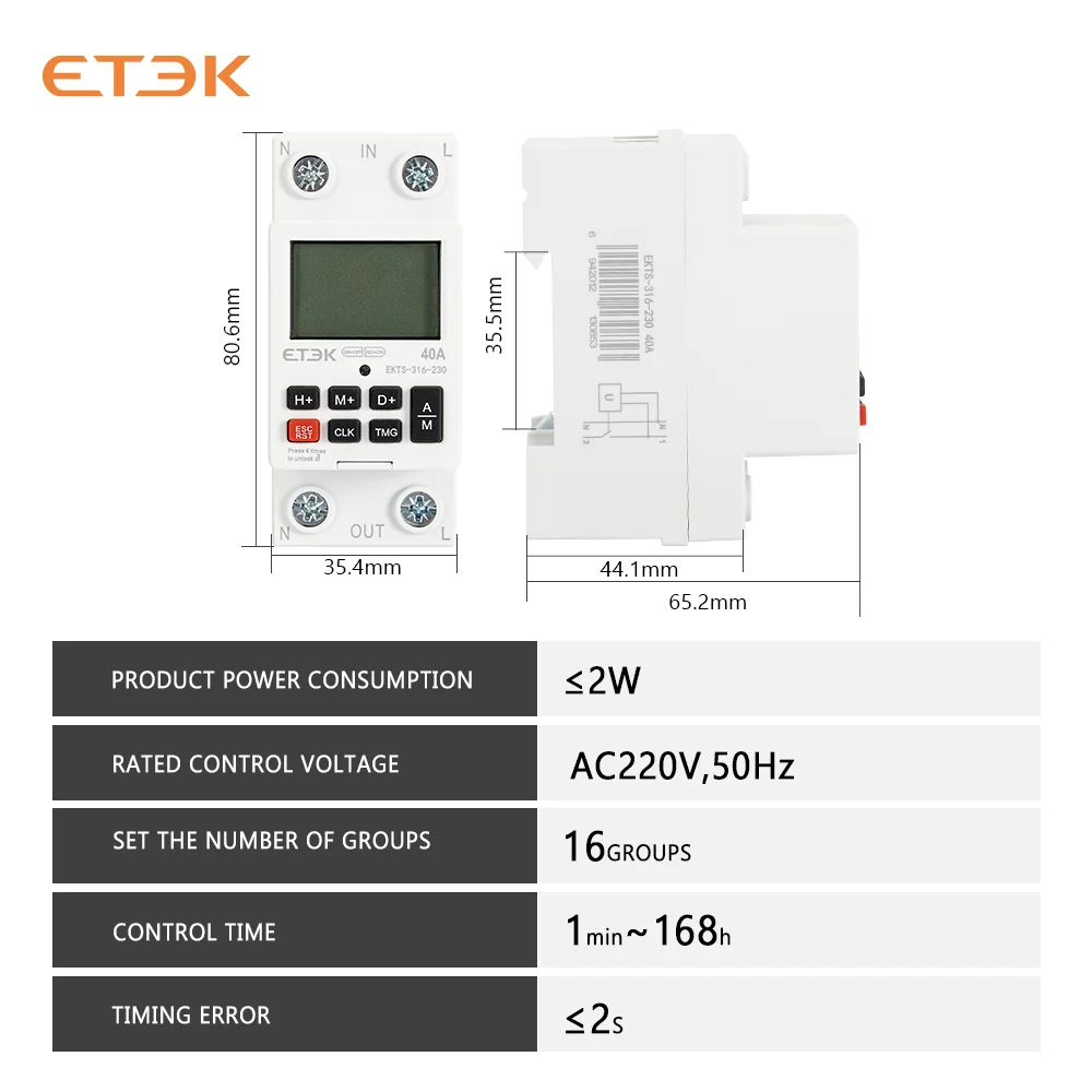 ETEK-Relais Intelligent Programmable avec Batterie, Compte à Rebours de 7 Jours, Rail Din, Hebdomadaire, Heure, 220V, 40A, 2P, EKTS316