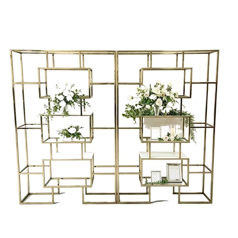 Elegant wine rack with golden stainless steel background decoration suitable for weddings, banquets, and parties