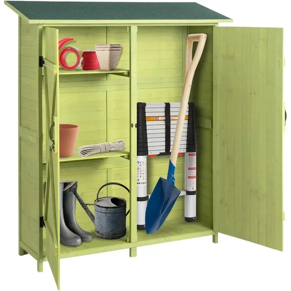 Extra Large Outdoor Wooden Storage Shed with 2 Shelves, Light Green Garden Tool Cabinet for Lawn Equipment