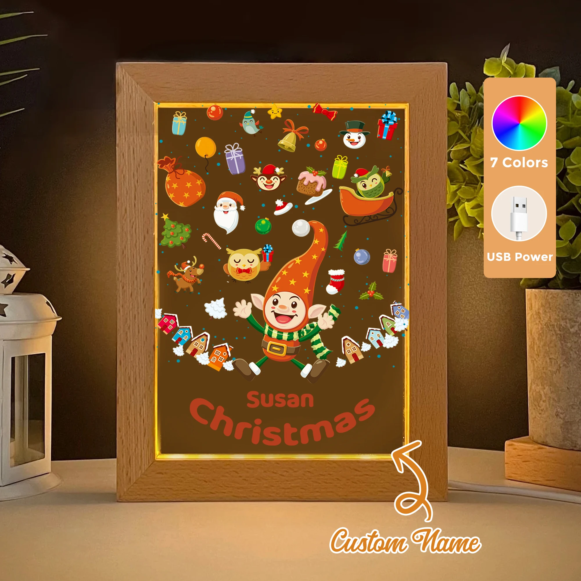 

Custom Name Elk Snowman LED Acrylic Night Light Wood Photo Frame 21x17cm Christmas Cartoon Children Bedroom Gifts Home Decor