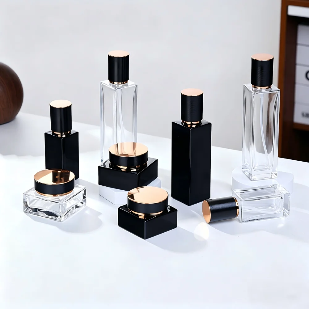 6 Stück Quadratische Glas-Kosmetikflaschen, Nachfüllbare Pumpflaschen für Lotion, Tragbare Reise-Leerdosen, Lichtdichte Cremetiegel für Hautpflege-Aufbewahrung – Detail 1