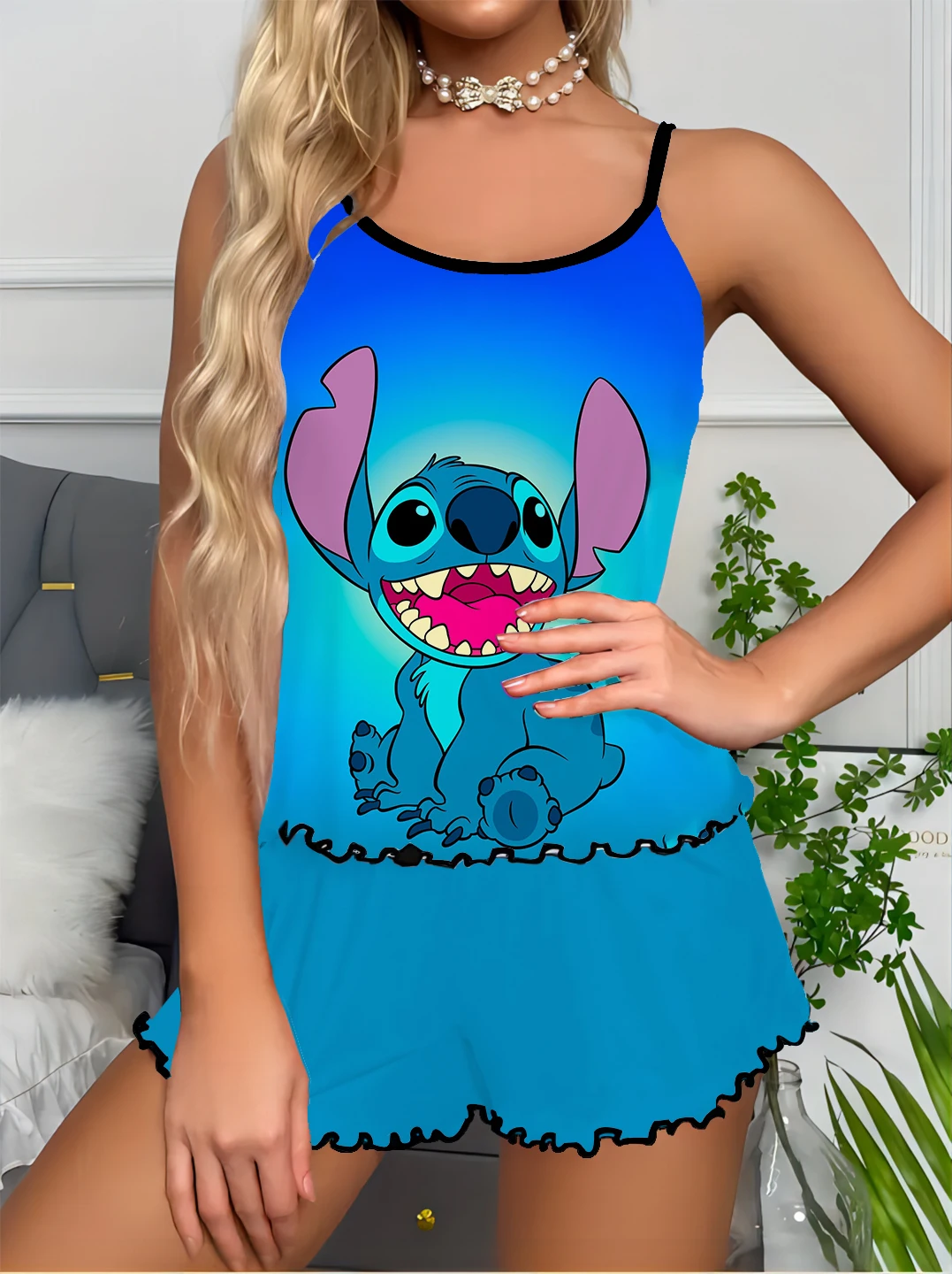 Casual Comfort Eenvoudige Disney Stitch Print Ronde Hals Jarretel Sexy Dames Set Pyjama Satijn Lichte Luxe Huiskleding