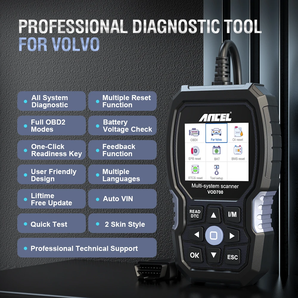 ANCEL VOD700 OBD2 Automotive Scanner All System Car Code Reader Diagnostic Scan Tool ABS Oil BMS EPB TPMS DPF Reset for Volvo