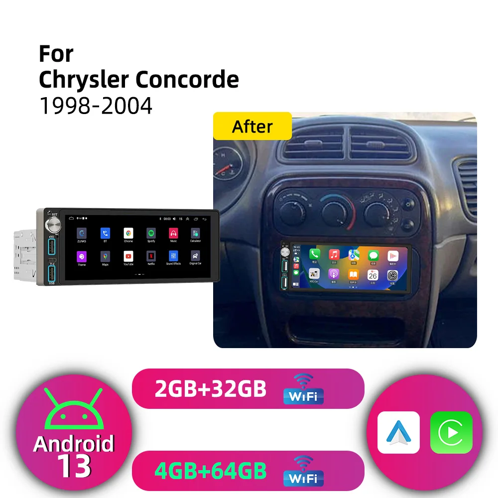 Estéreo para Auto Android de 6.86 Pulgadas con CarPlay Inalámbrico, Unidad Principal 1 Din para Chrysler Concorde 1998-2004, Radio, Autoradio, Reproductor Multimedia con GPS