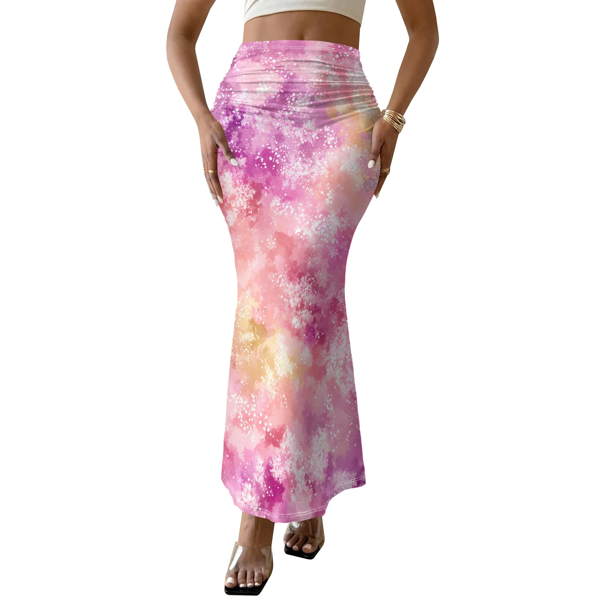 Pink Galaxy Print Mermaid Skirt Abstract Nebula Pattern High Waist Bodycon Long Skirt for Women Summer Beach Party Wear