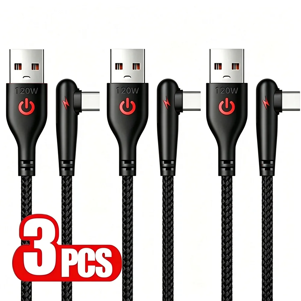 3PCS 90° Elbow Type C USB Fast Charging Braided Cable For iPhone 15 16 17 Pro Xiaomi POCO Honor OPPO Realme Quick Charge Cables