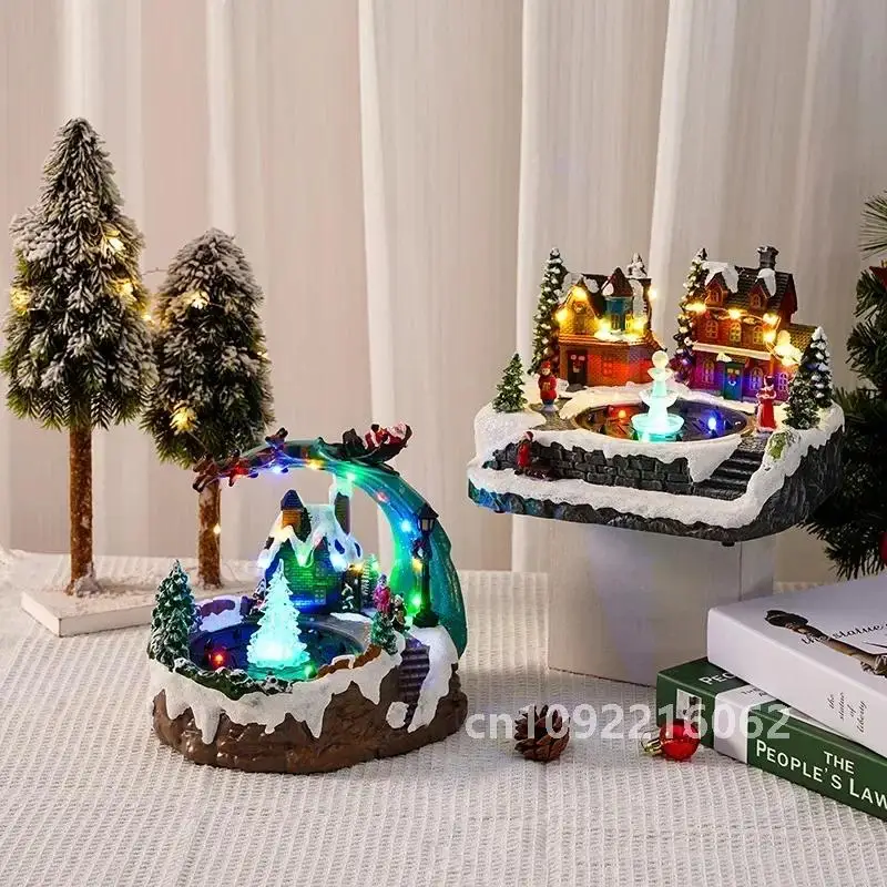 Glowing Resin Snow House Music Water Fountain Animated Statues Figurine Decor Colorful LED Lighted Xmas Village Scene Ornament