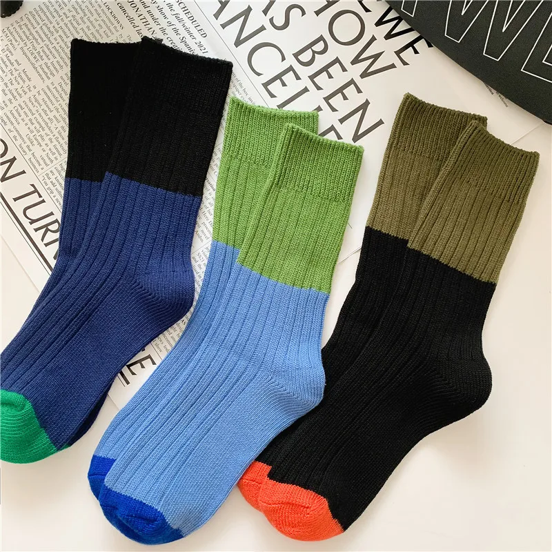3 pairs of color blocked thick thread casual socks for men autumn winter thick retro solid color mid tube cotton socks