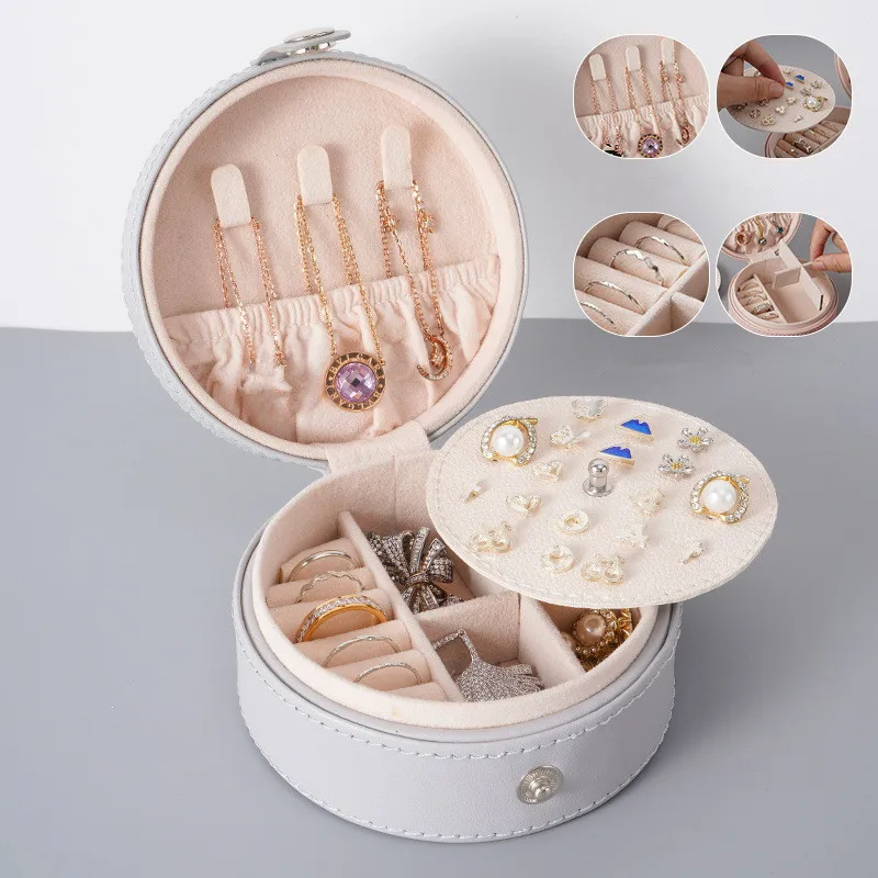 Round Jewelry Box Portable Leather Jewelry Organizer Box Display Travel Jewelry Case Boxes Button Pu Leather Storage Jewelers