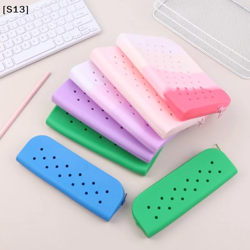 Stylish Holes Silicone Pencil Case Zipper Soft Pencil Pouch Lightweight Waterproof Stationery Storage Bag Classroom[Q]Q@