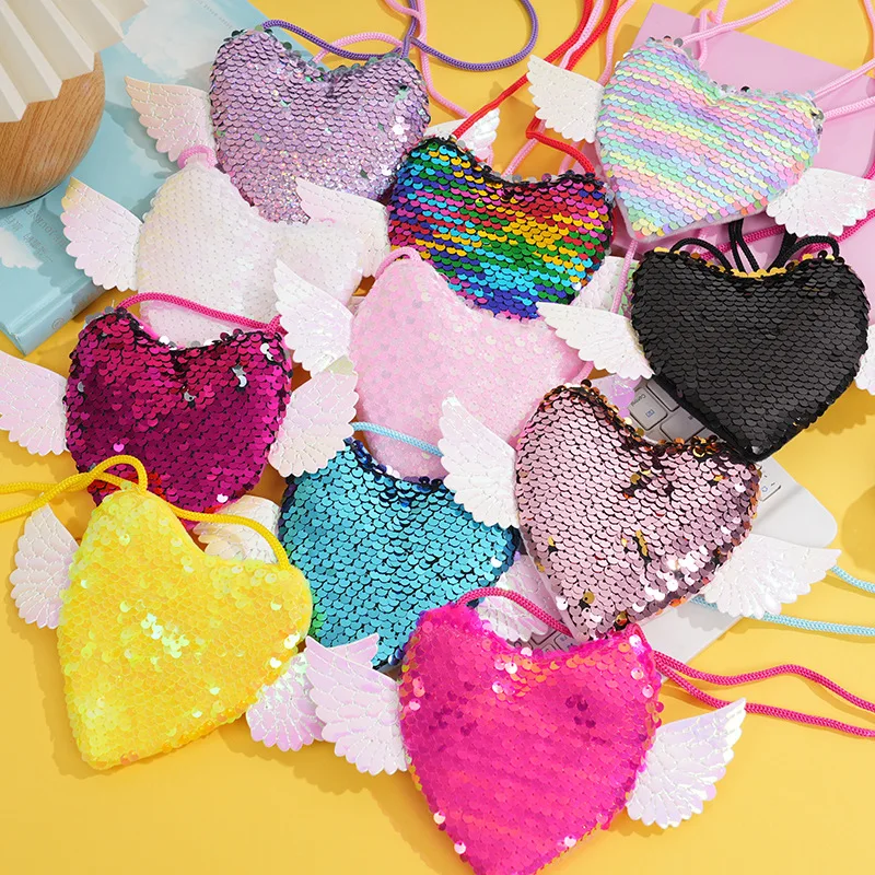 New Mini Cute Kids Tote Bag Decorative Heart Shape Sequin coin money card wallet Shiny Kids Coin Purse Bag
