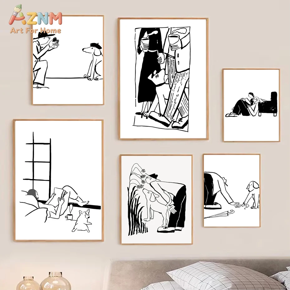 AZNM Minimalist Black and White Dog Owner Canvas Wall Art, Cute Line Drawing Pet Print Poster, Unframed Modern Abstract Human &