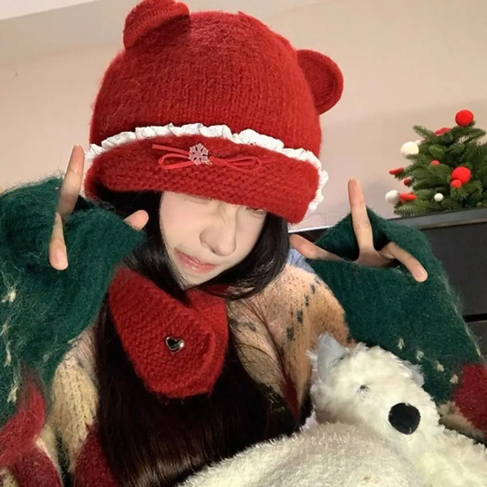 Modna Czapka Dziana z Uszami Misia, Kokardą, Ocieplacz na Szyję, Czapka typu Beanie, Odporna na Zimno, Poliestrowa Czapka Pulower, Jesień