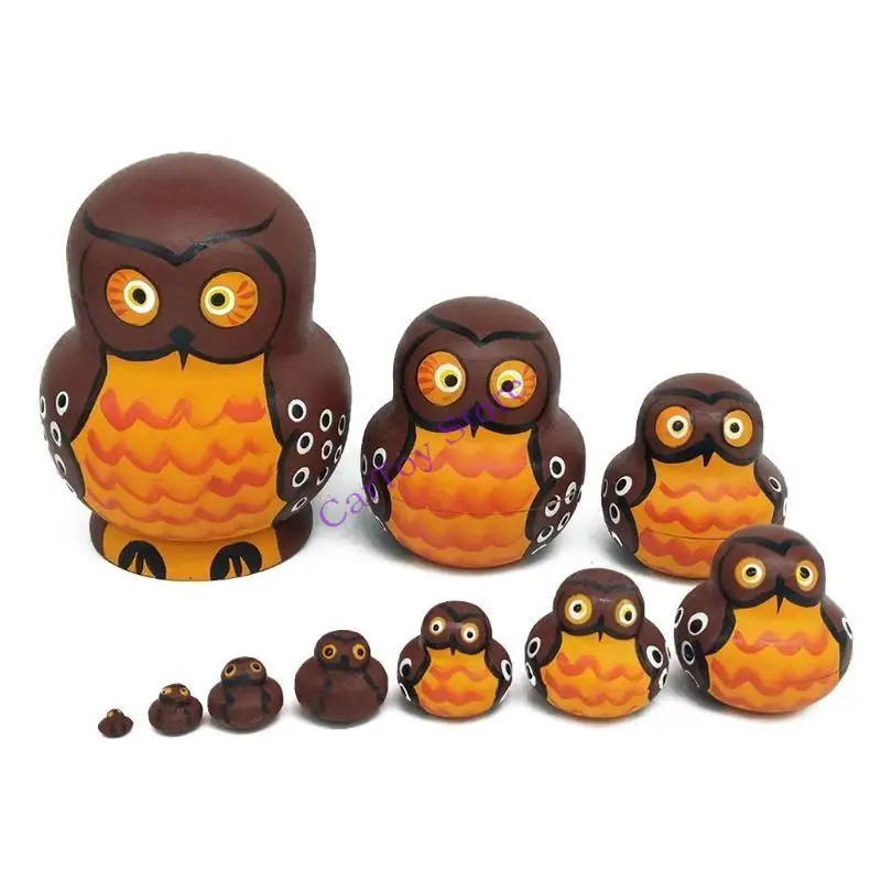 634F 10pcs Cartoon Big Belly Brown Owl Wooden Russia Nesting Dolls Matryoshka