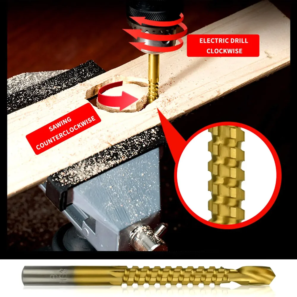 Broca de pagode revestida de titânio, broca de dente de serra, expansão de furo para carpintaria, conjunto de caixa de plástico com ranhura, perfuração de madeira, 6 peças