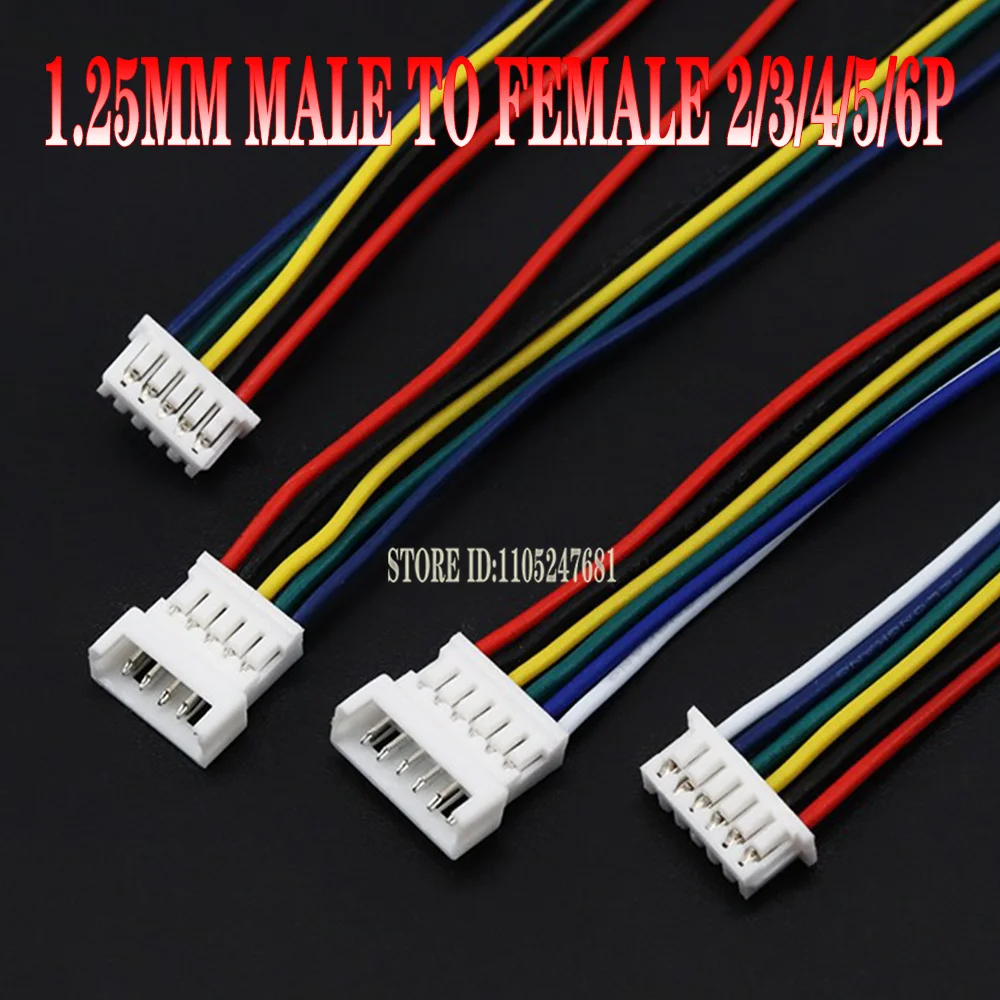 10sets JST 1.25mm Connector 100mm 2-6Pin Male Female Plug with Wire 2/3/4/5/6 PinCable