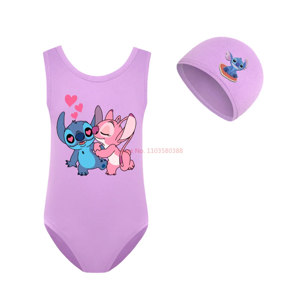 Kids Girls Swimwear Swimsuit Cartoon Lilo & Stitch Baby Swimming Cap Set Children Movement Outfit Learn To Swim Tops 3-14year