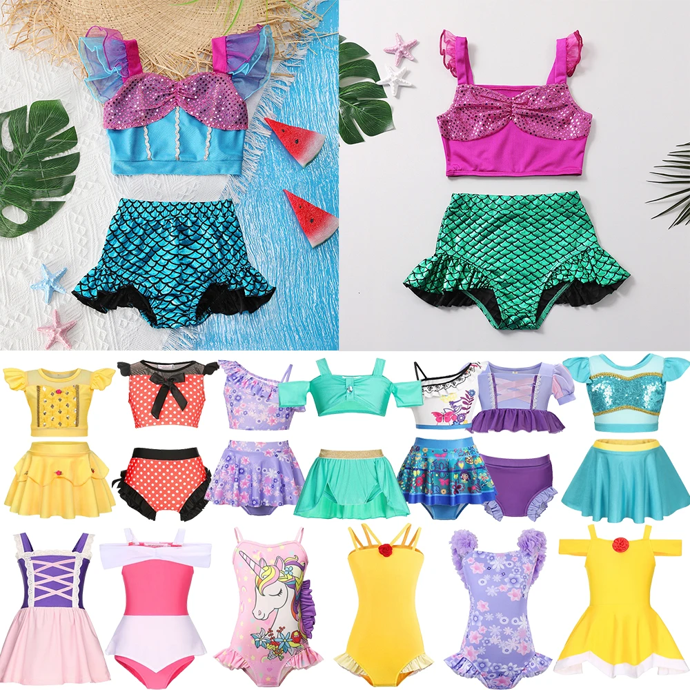 Princesa maiô sereia mirabel isabella conjunto de maiô menina verão beachwear festa na piscina crianças anna elsa rapunzel terno de banho