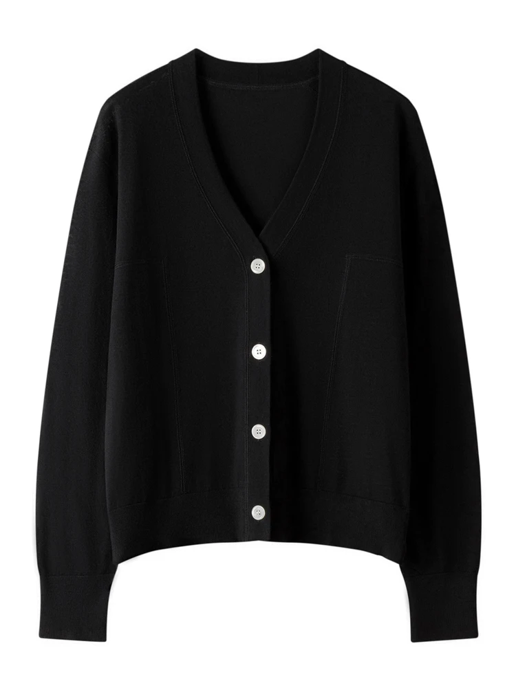 اختيار 2025 جديد شيك المرأة الأساسية الخامس الرقبة سترة سترة لينة نعمة 100% ميرينو الصوف تريكو الإناث ربيع الخريف الملابس القمم